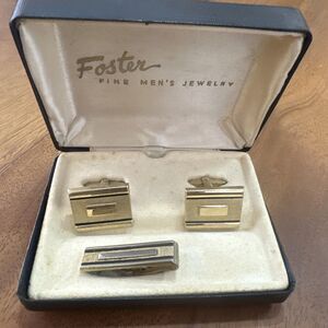 Vintage Foster Rectangular Gold Filled Cufflinks and Tie Pin in Original Box